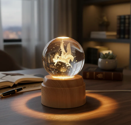 Hermosa lampara de mesa Bola de cristal Giratoria 3d Pegaso