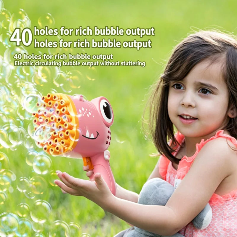 Pistola de burbujas de dinosaurio de 40 agujeros para niños, máquina de burbujas de agua y jabón de verano, máquina de burbujas eléctrica 2 en 1, juguetes de regalo para niños