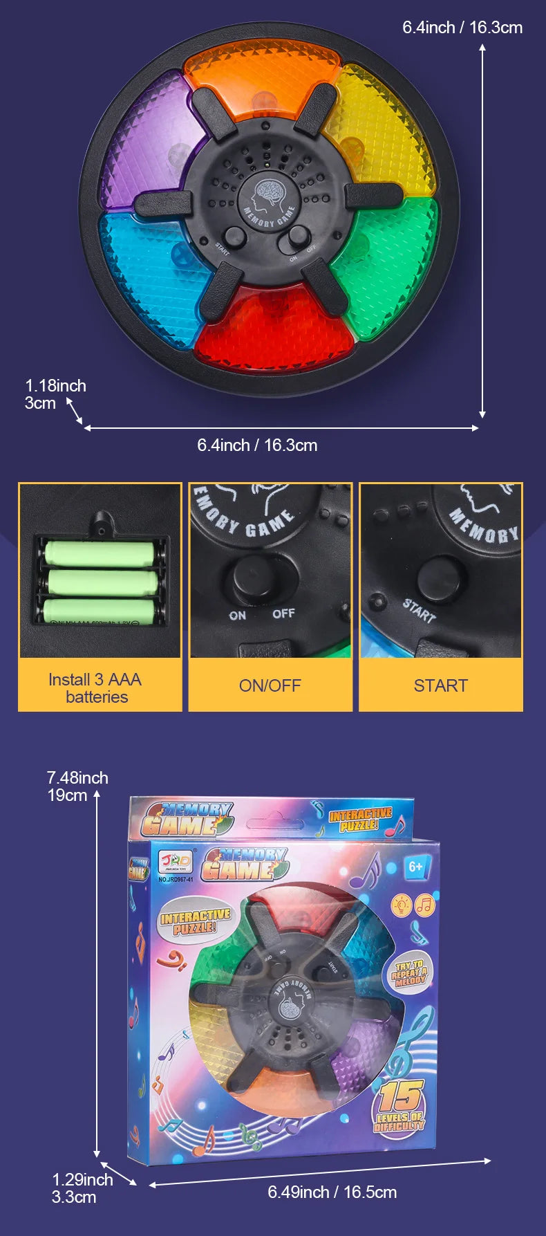 Máquina de juego de memoria, juego de memoria electrónico portátil con rompecabezas de luz y sonido, juego interactivo creativo, juguete de entrenamiento de memoria