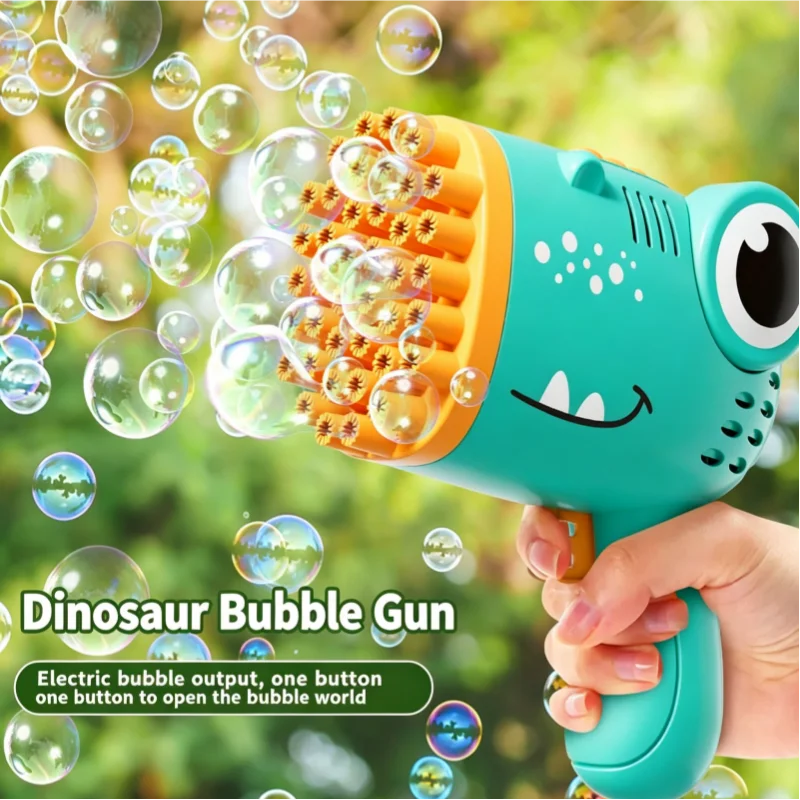 Pistola de burbujas de dinosaurio de 40 agujeros para niños, máquina de burbujas de agua y jabón de verano, máquina de burbujas eléctrica 2 en 1, juguetes de regalo para niños