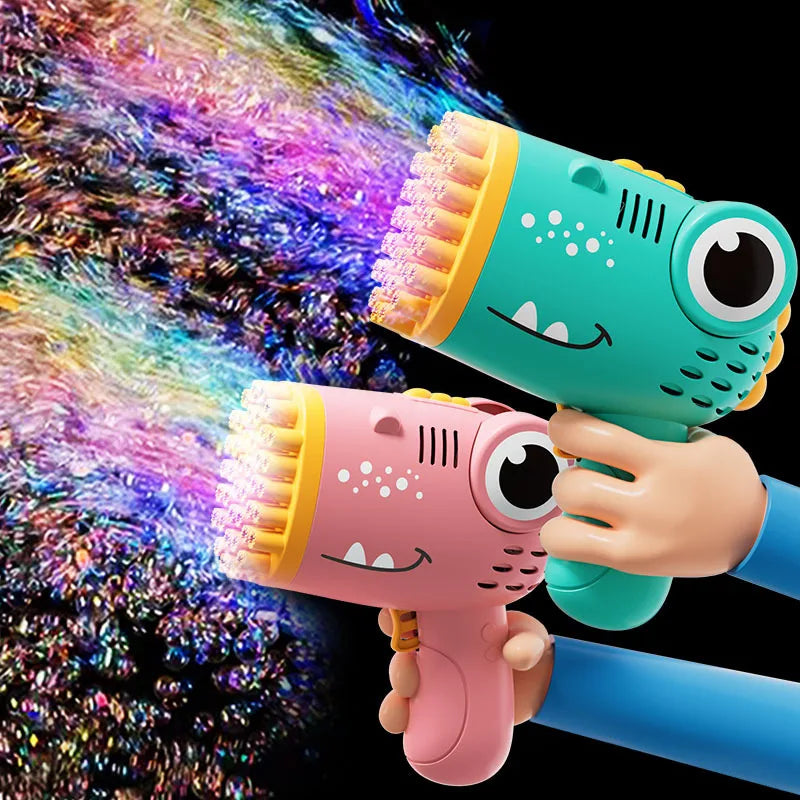 Pistola de burbujas de dinosaurio de 40 agujeros para niños, máquina de burbujas de agua y jabón de verano, máquina de burbujas eléctrica 2 en 1, juguetes de regalo para niños